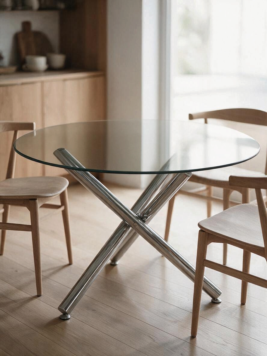 Table ronde Lara de TOCO Meubles avec plateau en verre trempé et base croisée en métal chromé brillant