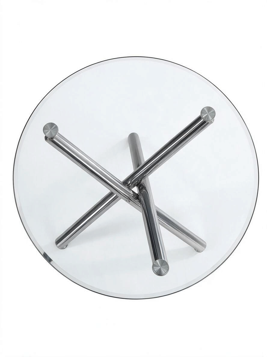 Table de salle à manger ronde Lara par TOCO Meubles avec plateau en verre trempé et base croisée en chrome brillant