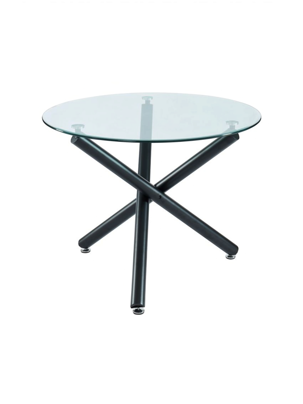Table de salle à manger ronde Suzy par TOCO Meubles avec plateau en verre trempé et base croisée en métal noir mat