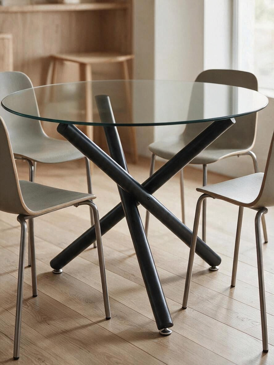 Table de salle à manger ronde Suzy par TOCO Meubles avec plateau en verre trempé et base croisée en métal noir mat