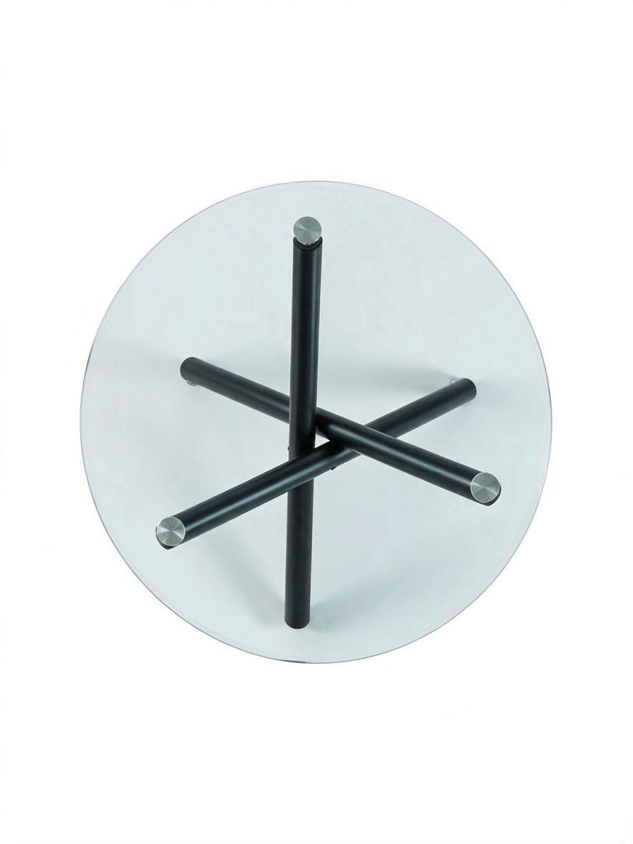 Table de salle à manger ronde Suzy par TOCO Meubles avec plateau en verre trempé et base croisée en métal noir mat