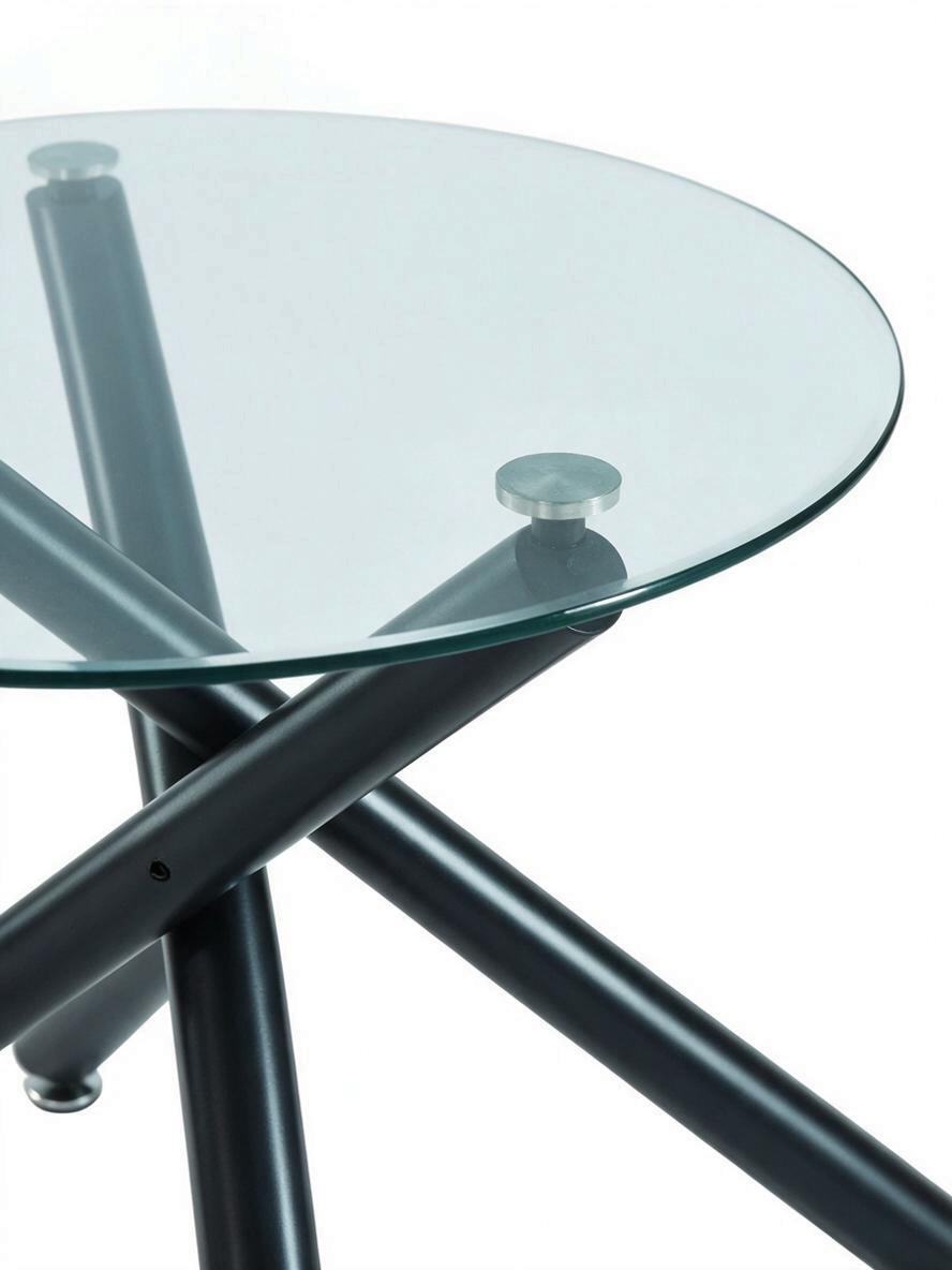 Table de salle à manger ronde Suzy par TOCO Meubles avec plateau en verre trempé et base croisée en métal noir mat