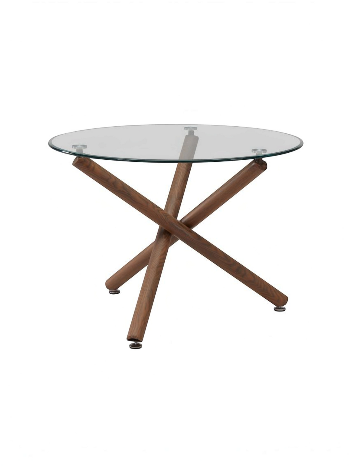 Table de salle à manger ronde Rocco par TOCO Meubles avec plateau en verre trempé et base croisée en métal fini noyer
