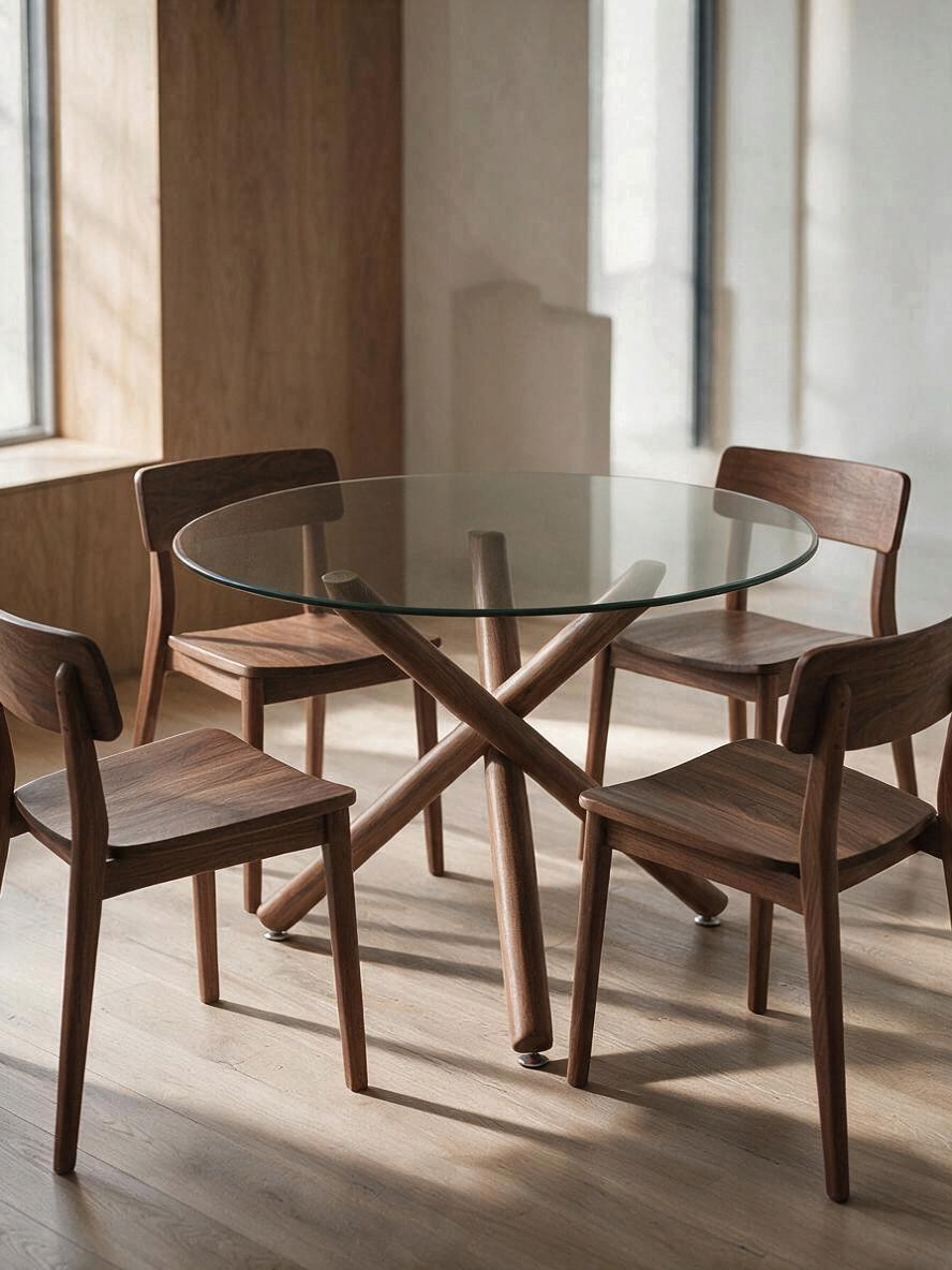 Table de salle à manger ronde Rocco par TOCO Meubles avec plateau en verre trempé et base croisée effet noyer