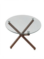 Table de salle à manger ronde TOCO Meubles Rocco avec plateau en verre trempé et base croisée en métal fini noyer