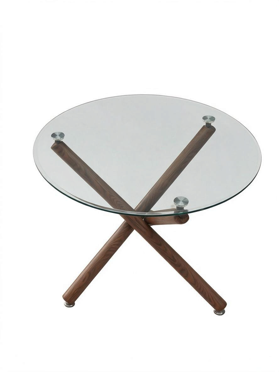 Table de salle à manger ronde TOCO Meubles Rocco avec plateau en verre trempé et base croisée en métal fini noyer