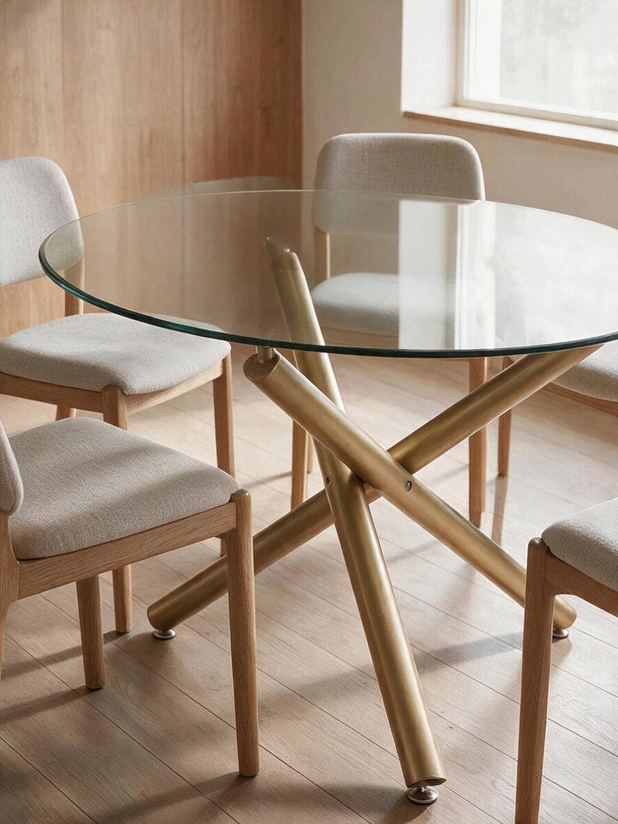 Table de salle à manger ronde Milla par TOCO Meubles avec plateau en verre trempé et base croisée en or vieilli mat