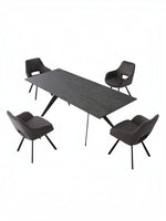 Table de salle à manger Liora TOCO Meubles en céramique grise avec pieds en métal noir, extensible, avec 4 chaises grises assorties.