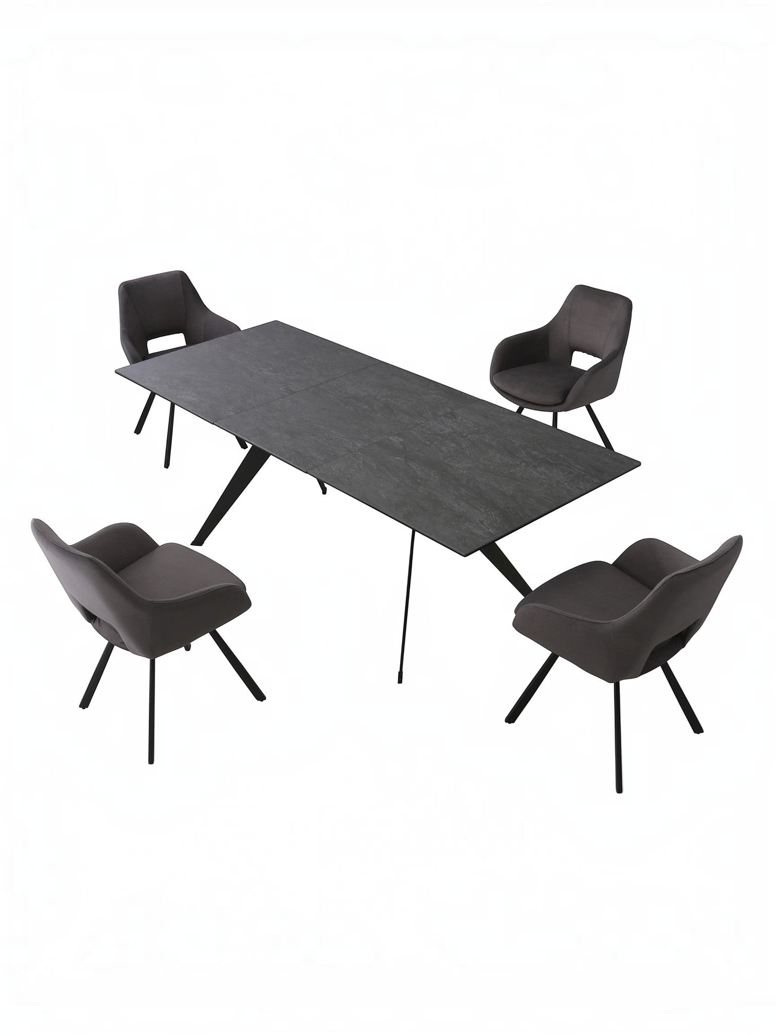 Table de salle à manger Liora TOCO Meubles en céramique grise avec pieds en métal noir, extensible, avec 4 chaises grises assorties.