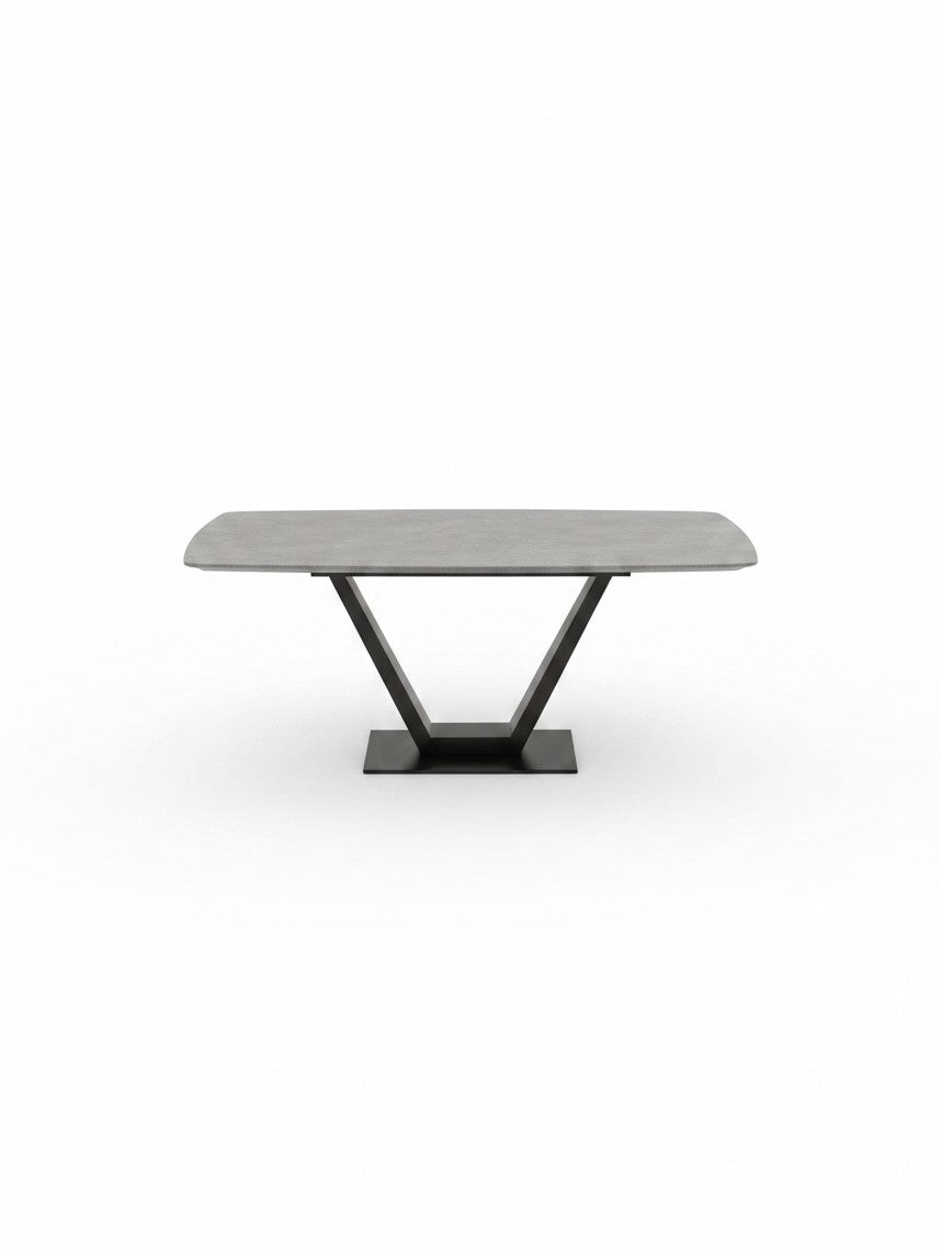Table de salle à manger Belza par TOCO Meubles avec plateau gris rectangulaire et pied central en métal noir