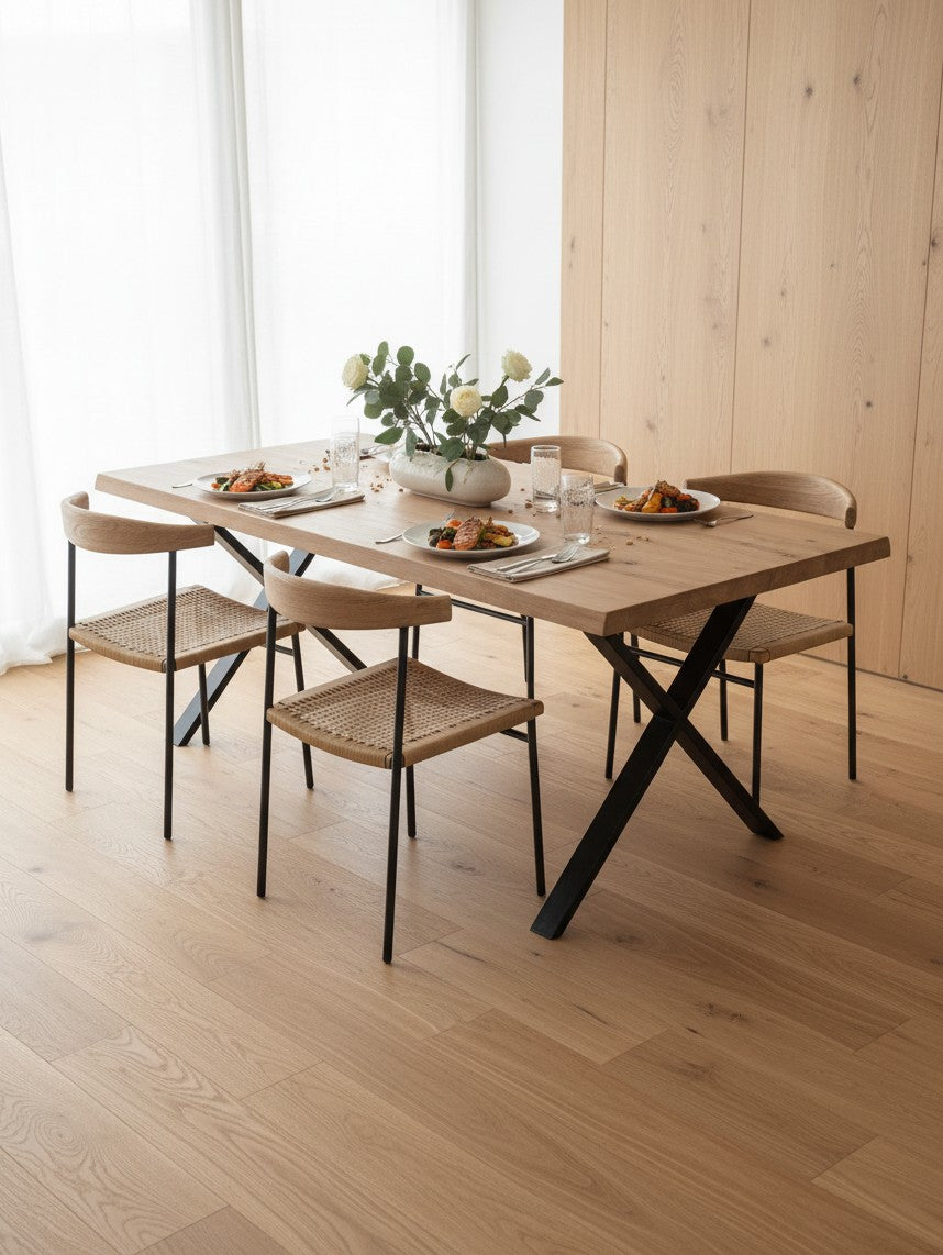 Table de salle à manger Natura TOCO Meubles en bois naturel avec pieds en métal noir en forme de X et chaises assorties