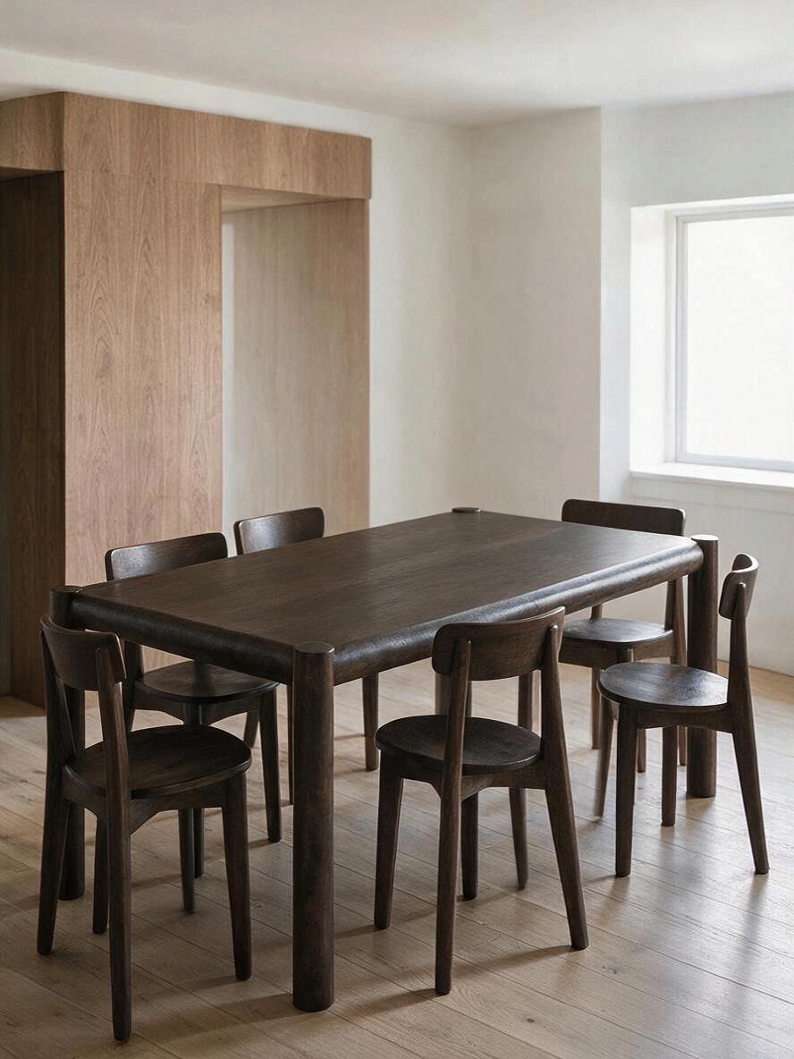 Table de salle à manger rectangulaire TOCO Meubles en bois massif foncé avec quatre pieds robustes style mid-century