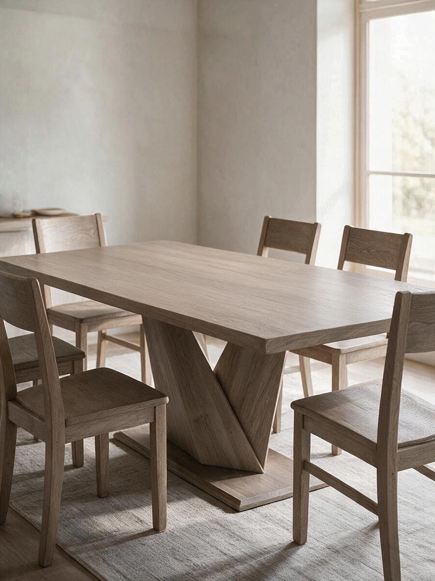Table de salle à manger extensible TOCO Meubles Cleo en chêne délavé avec base géométrique et chaises assorties