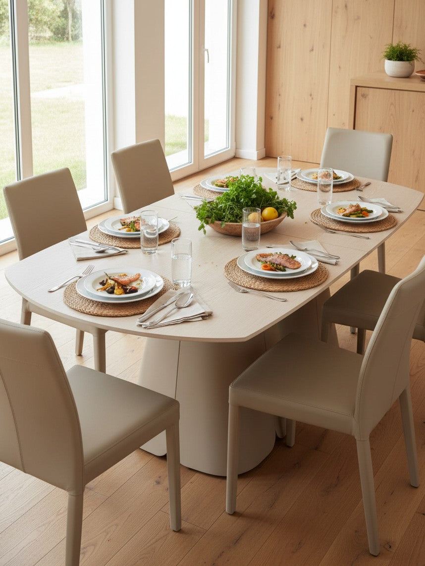 Table de salle à manger extensible Élise par TOCO Meubles, plateau ovale beige avec chaises assorties dans une salle