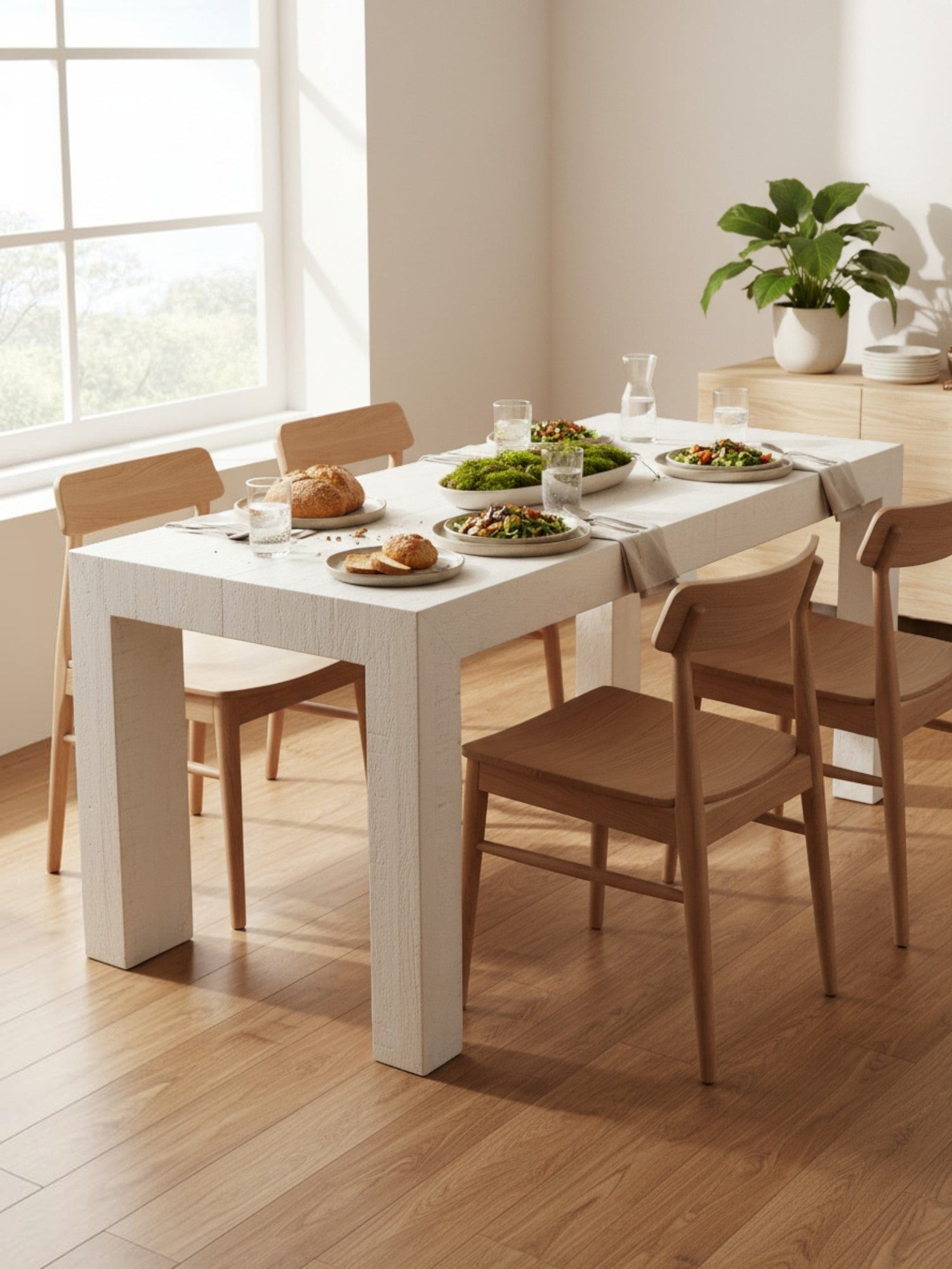 Table de salle à manger extensible TOCO Meubles en bouleau canadien blanc, style moderne avec chaises en bois clair