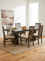 Table de salle à manger extensible TOCO Meubles Koren rectangulaire en bois brun foncé avec six chaises assorties