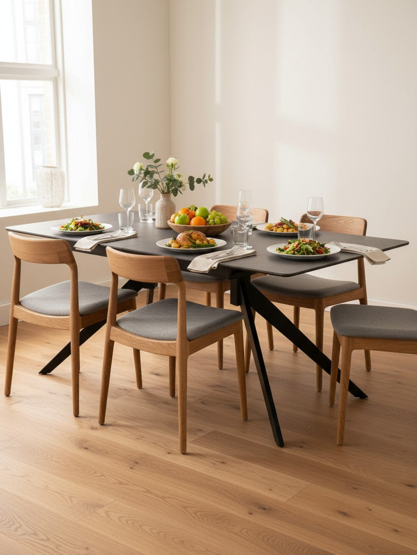 Table de salle à manger extensible Julia de TOCO Meubles avec plateau noir et pieds en métal, entourée de chaises en bois