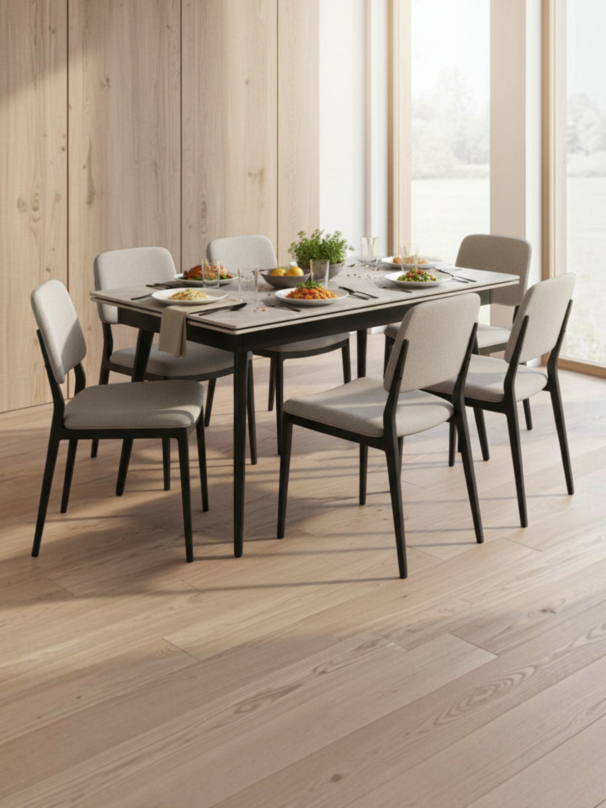 Table de salle à manger extensible TOCO Meubles avec plateau en pierre frittée grise et pieds en métal noir