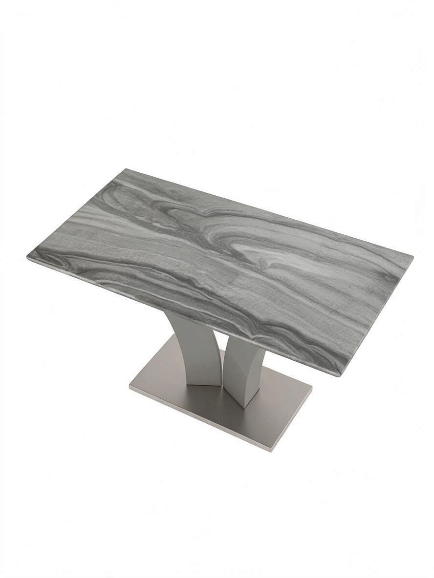 Table de salle à manger TOCO Meubles Apolla avec plateau effet marbre gris pâle et base géométrique en acier