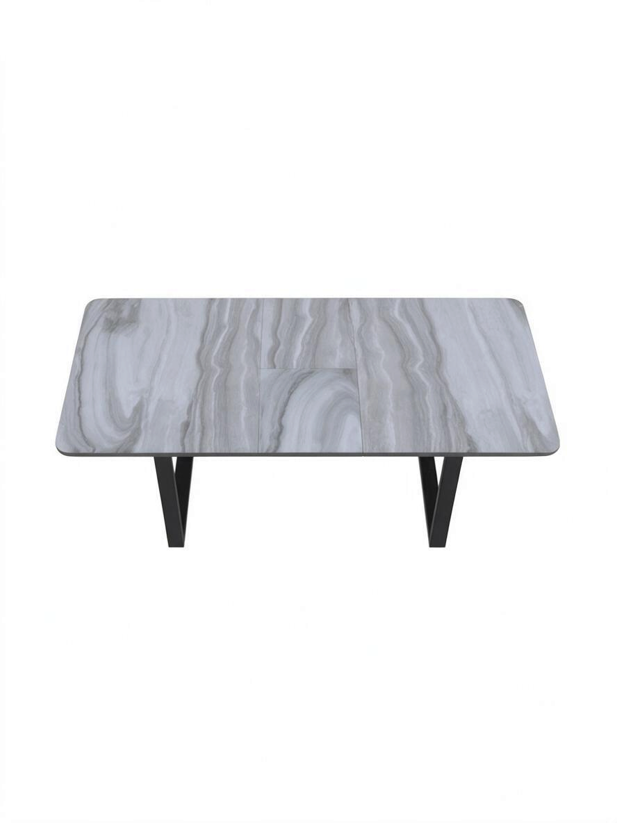 Table de salle à manger extensible TOCO Meubles Avino avec dessus effet marbre et pieds en métal noir mat