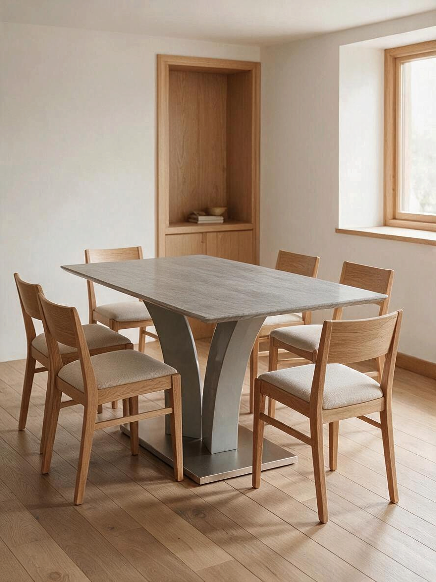 Table de salle à manger Apolla TOCO Meubles avec plateau effet marbre gris et base géométrique moderne en acier