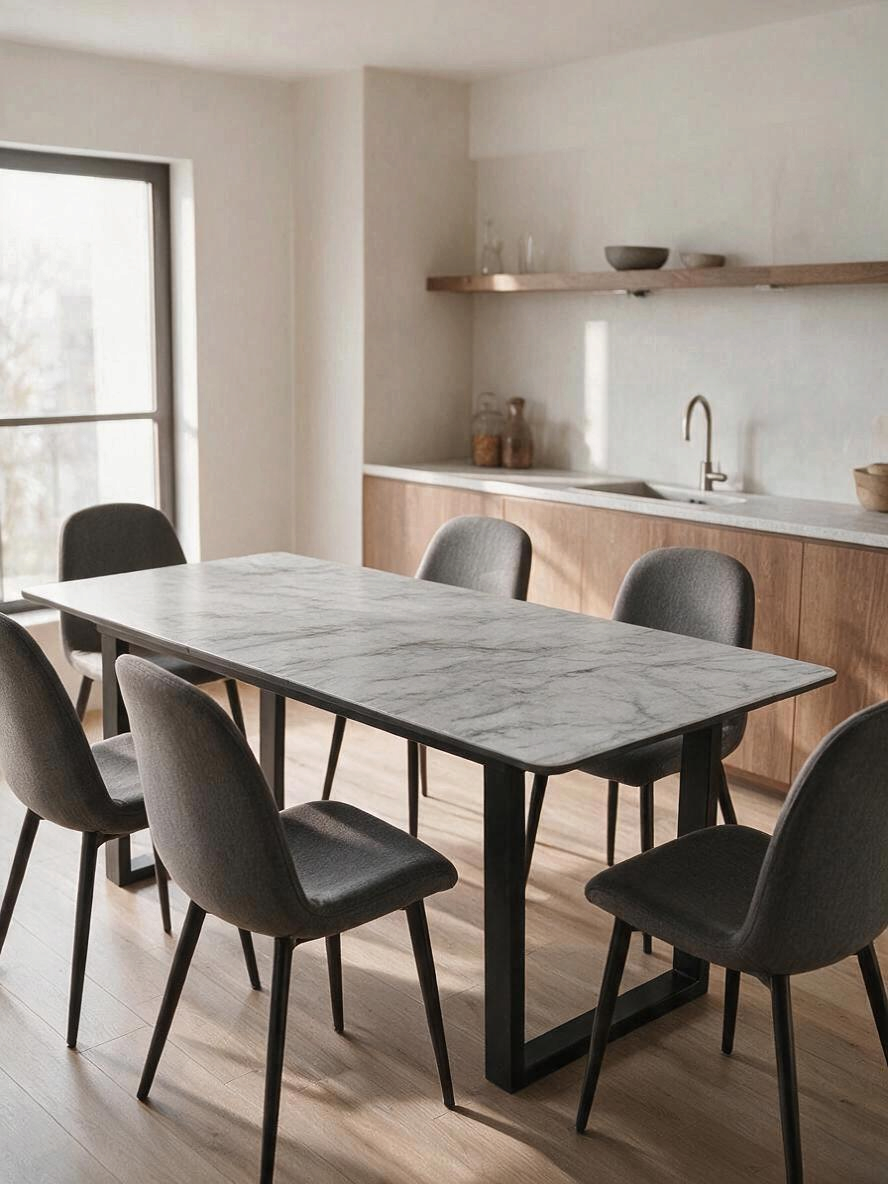 Table de salle à manger extensible Avino par TOCO Meubles avec dessus effet marbre et pieds en métal noir mat.