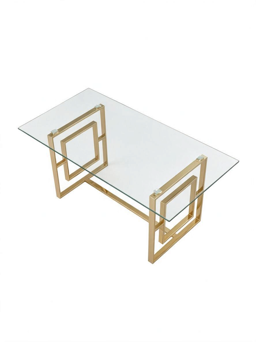 Table de salle à manger TOCO Meubles Teros rectangulaire avec plateau en verre trempé et base géométrique en or poli