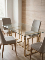 Table de salle à manger TOCO Meubles Teros rectangulaire avec plateau en verre et base géométrique en or poli