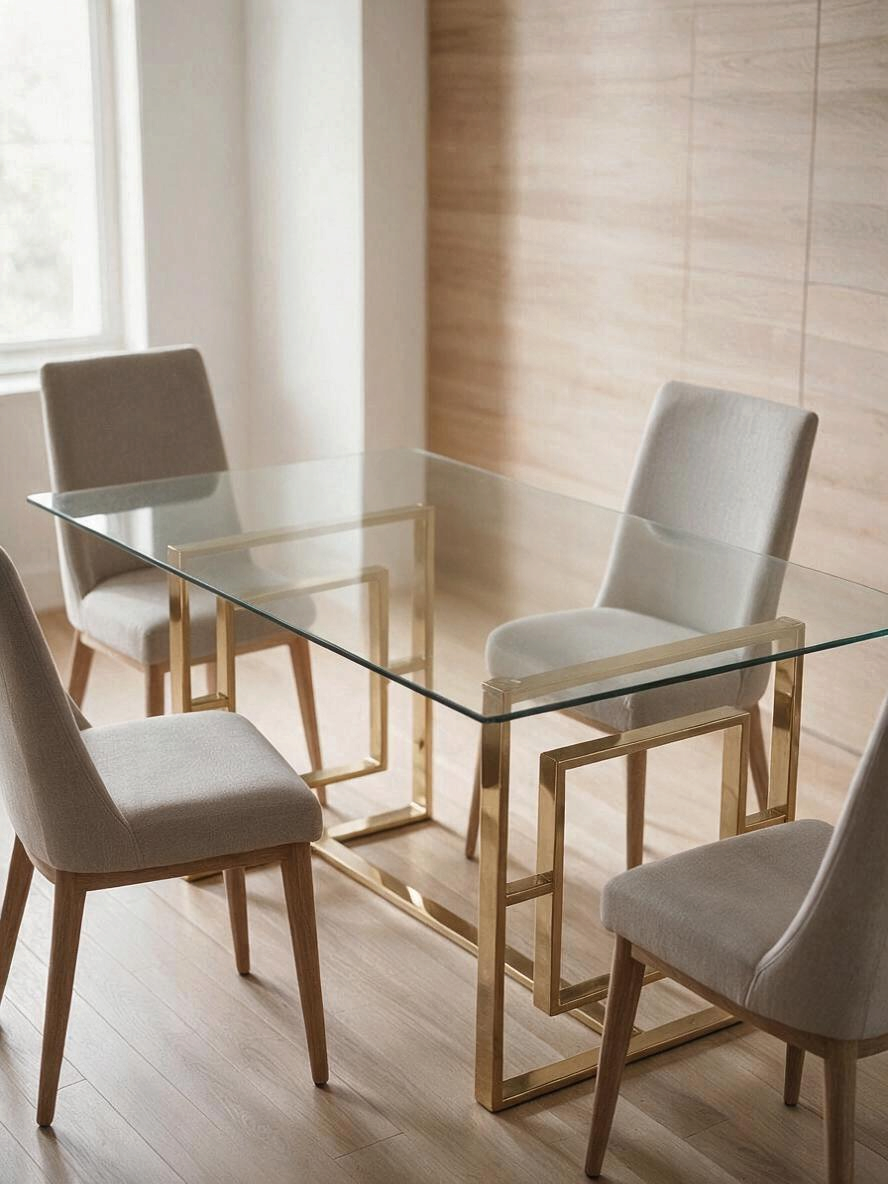Table de salle à manger TOCO Meubles Teros rectangulaire avec plateau en verre et base géométrique en or poli