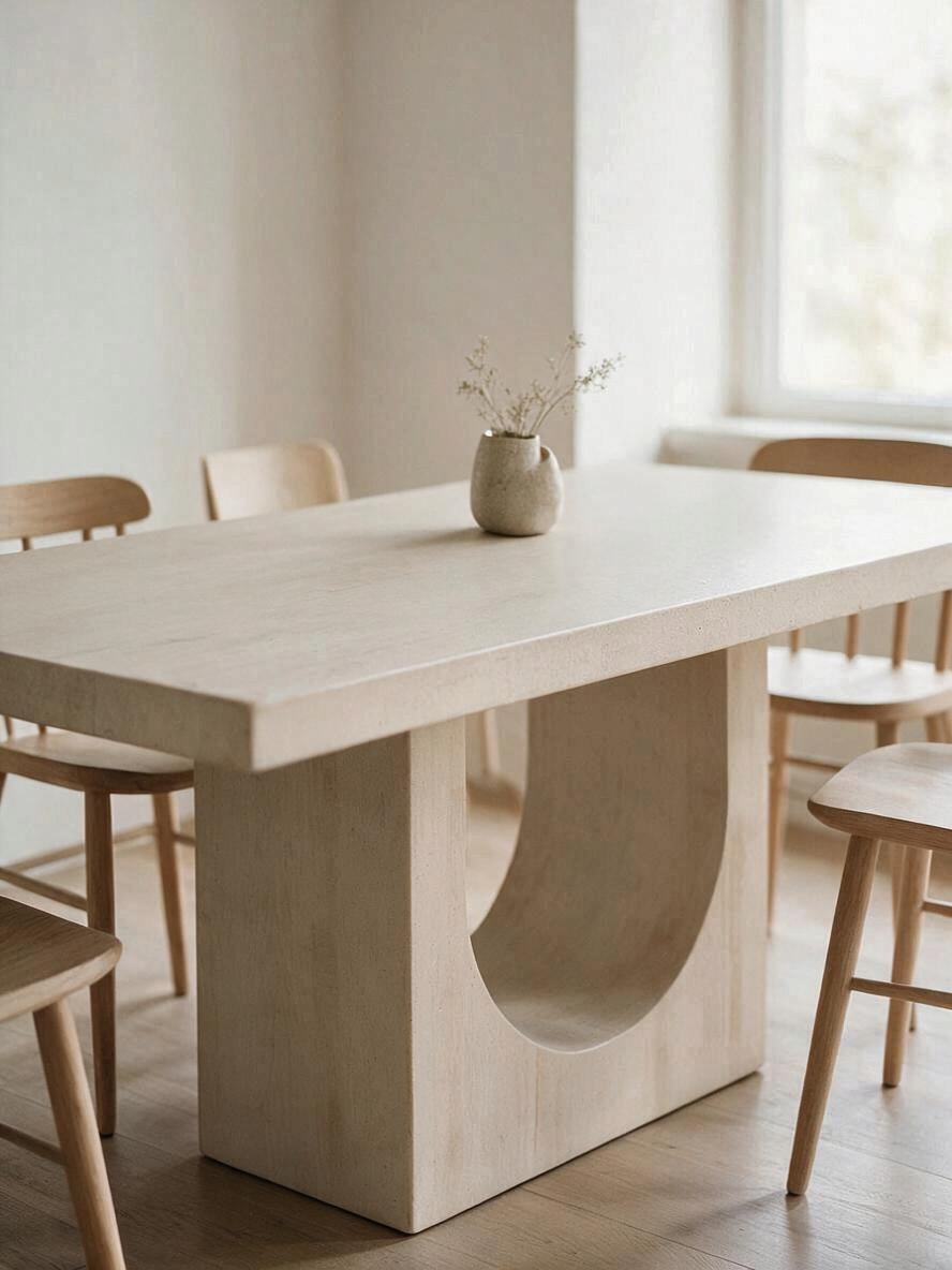 Table de salle à manger rectangulaire TOCO Meubles Aureli en composite fini travertin avec base arquée sculpturale