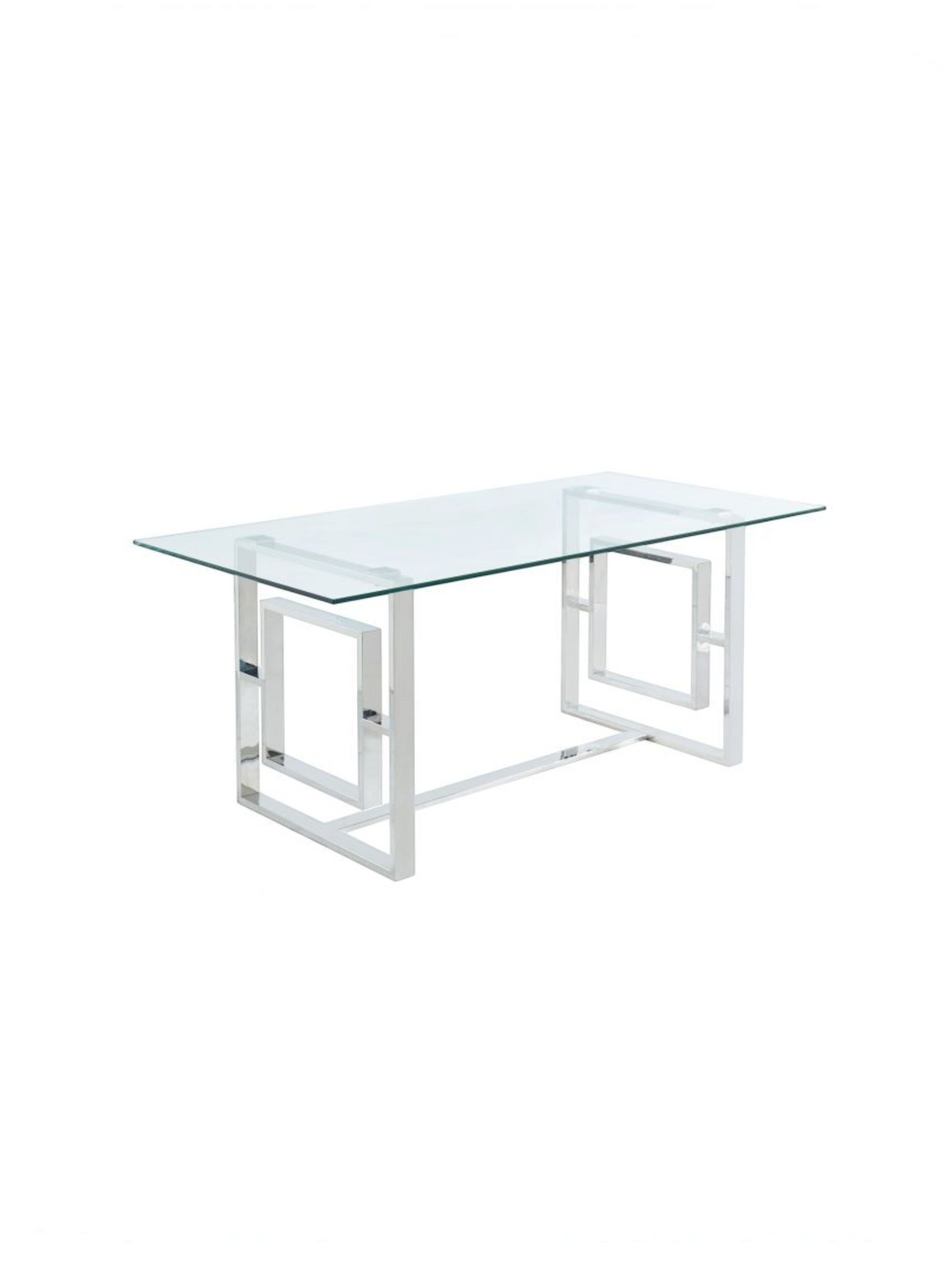 Table de salle à manger TOCO Meubles Leros rectangulaire avec plateau en verre et base géométrique en argent poli