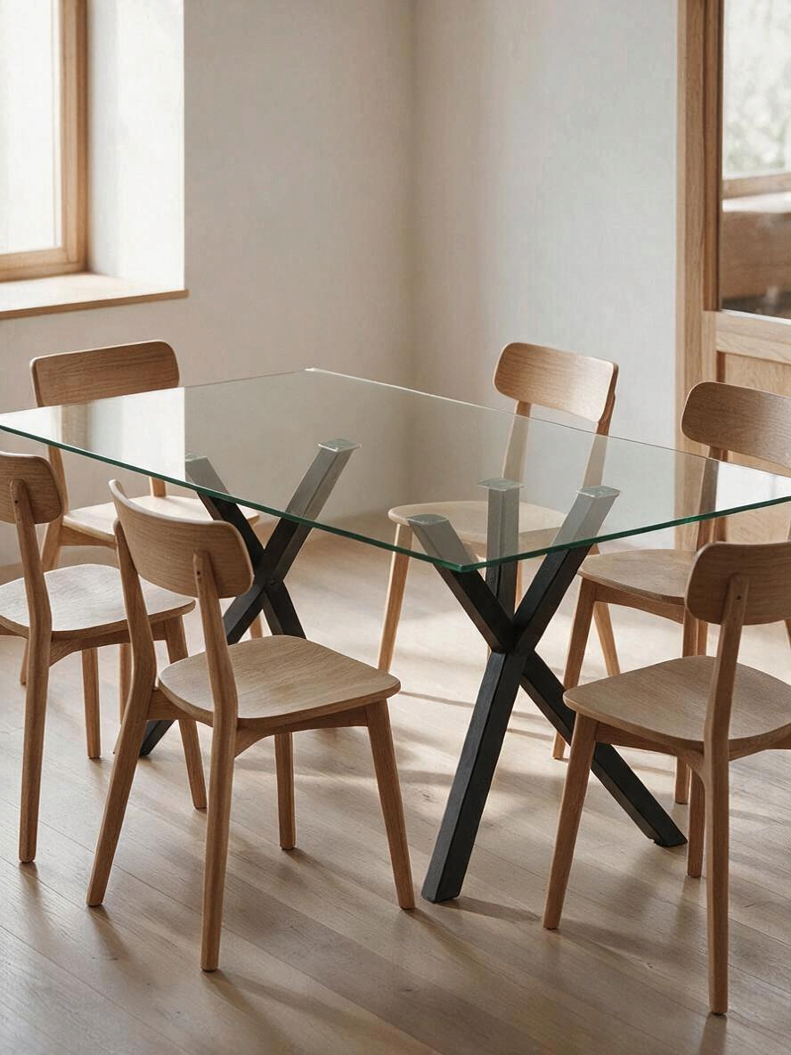 Table de salle à manger Elora TOCO Meubles avec plateau en verre trempé et base géométrique en métal noir mat
