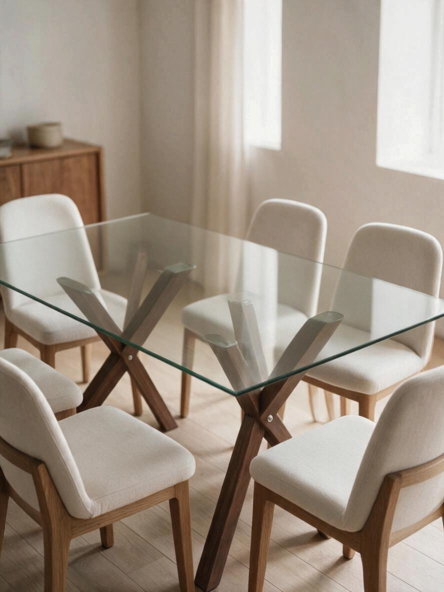 Table de salle à manger Elina TOCO Meubles avec plateau en verre trempé et base géométrique effet noyer