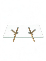 Table de salle à manger Elena par TOCO Meubles avec plateau en verre trempé et base géométrique en métal or vieilli