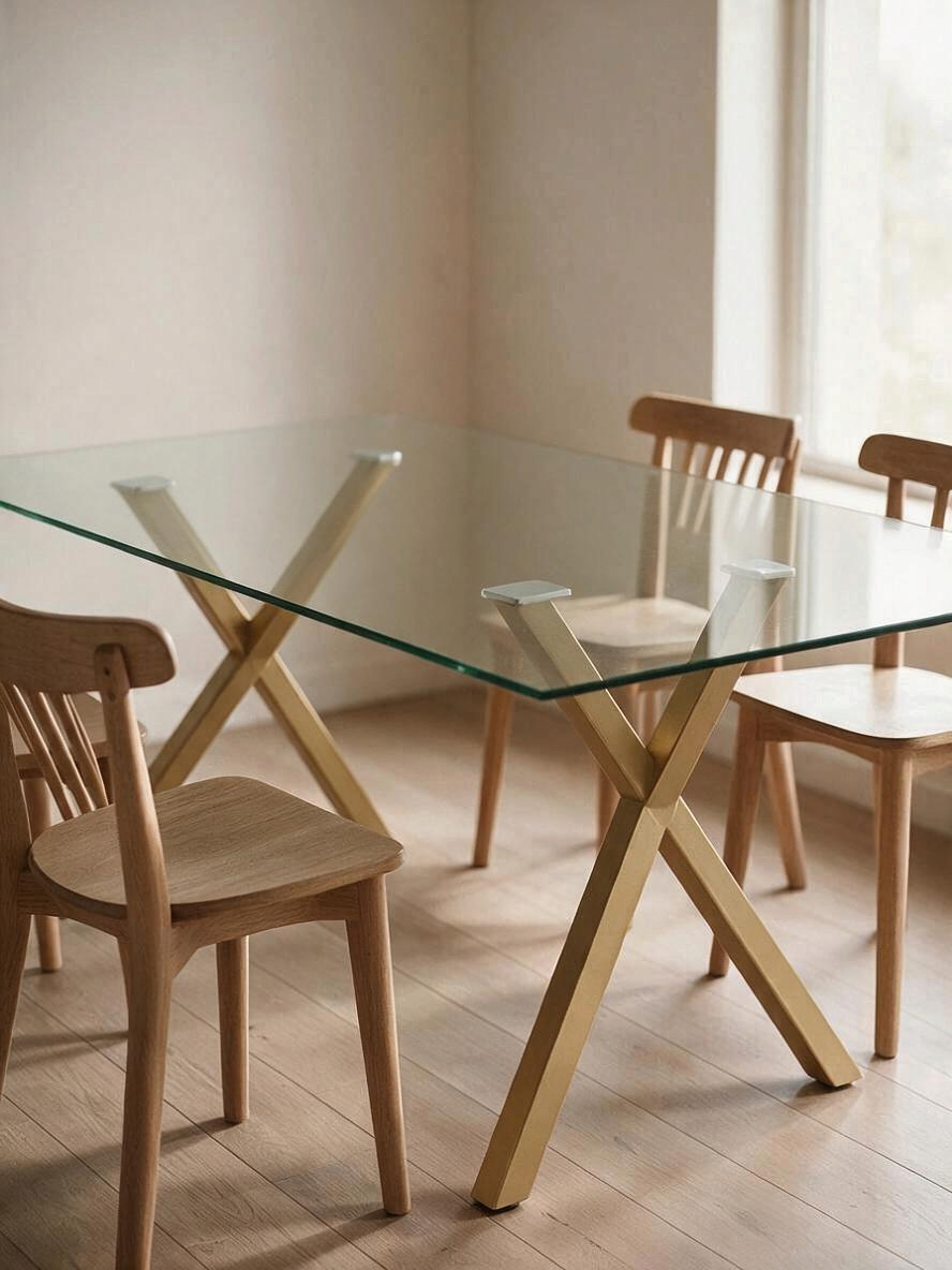 Table de salle à manger Elena par TOCO Meubles avec plateau en verre trempé et base géométrique en métal or vieilli.
