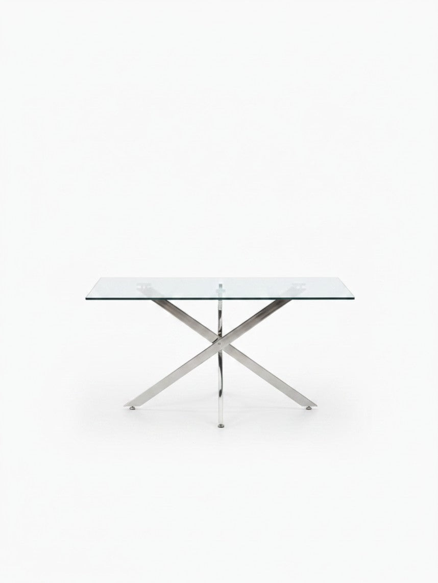 Table de salle à manger Malia TOCO Meubles avec plateau en verre trempé et base croisée en métal chromé