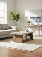 Table de salon Brenda TOCO Meubles rectangulaire avec plateau en béton et base en bois dans un salon moderne