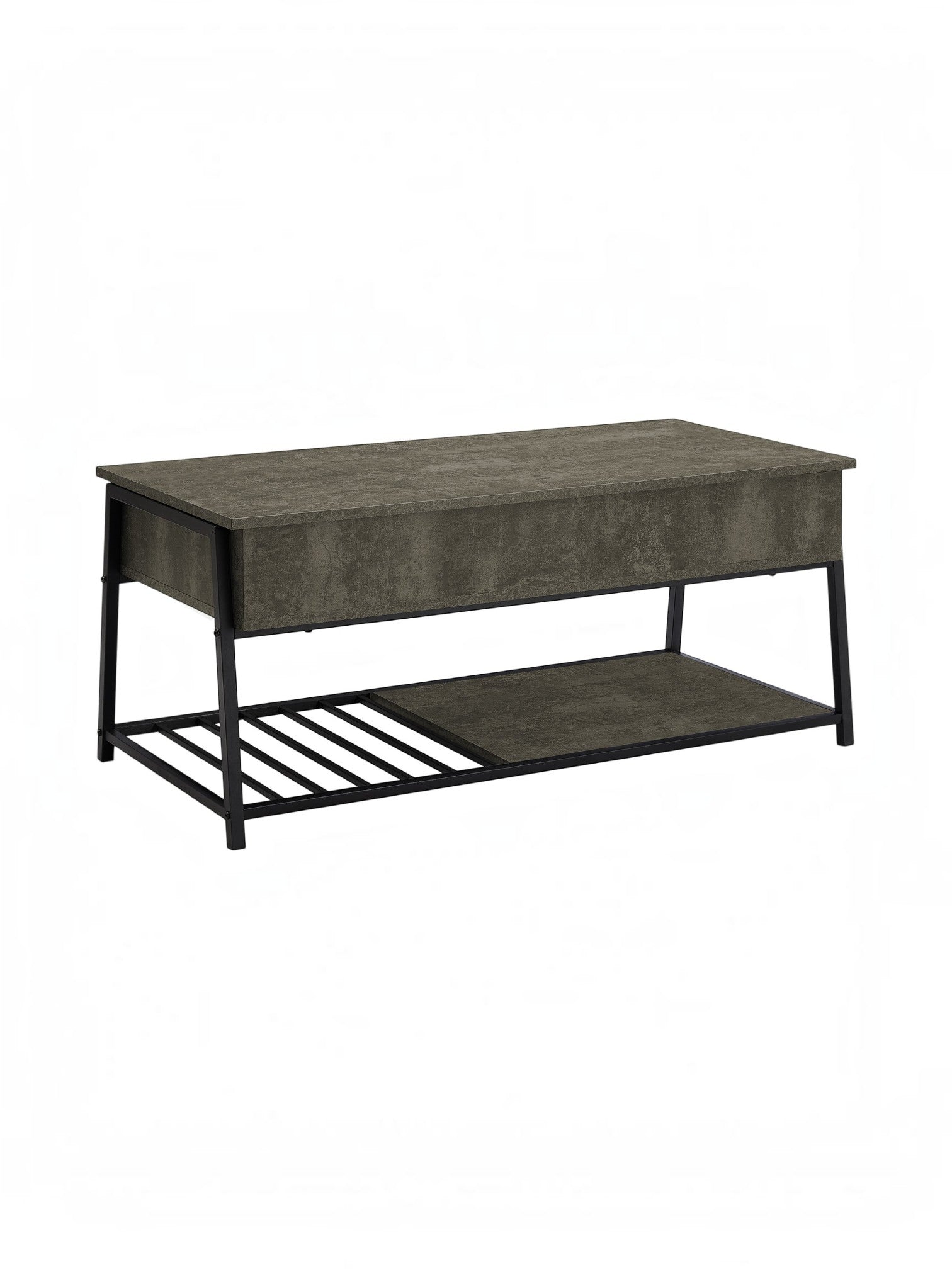 Table de salon Rania TOCO Meubles avec plateau relevable, fini gris béton et structure en métal noir