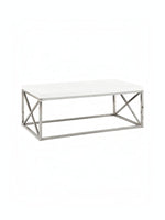 Table de salon Minato TOCO Meubles avec plateau blanc rectangulaire et structure en métal chromé en forme de X