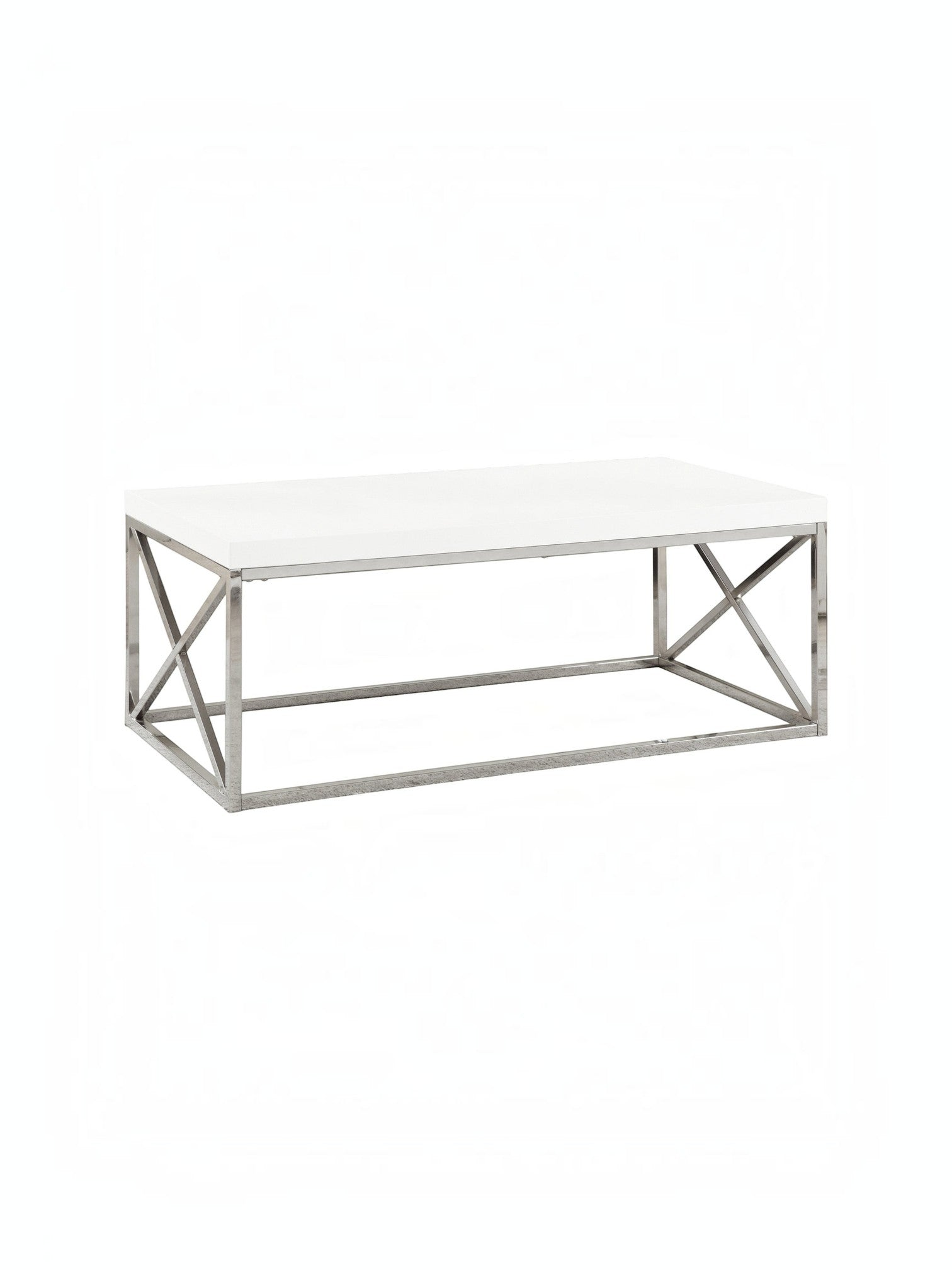 Table de salon Minato TOCO Meubles avec plateau blanc rectangulaire et structure en métal chromé en forme de X