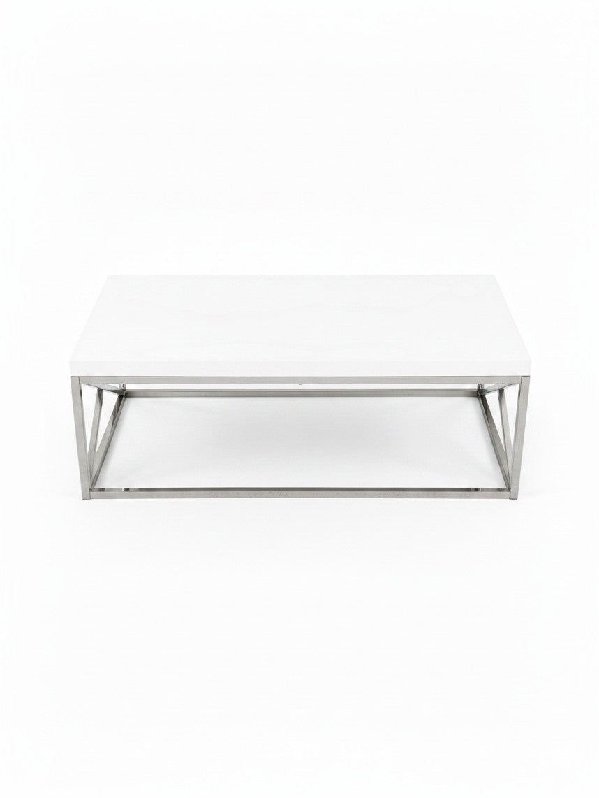 Table de salon Minato TOCO Meubles avec plateau blanc rectangulaire et structure en métal chromé moderne