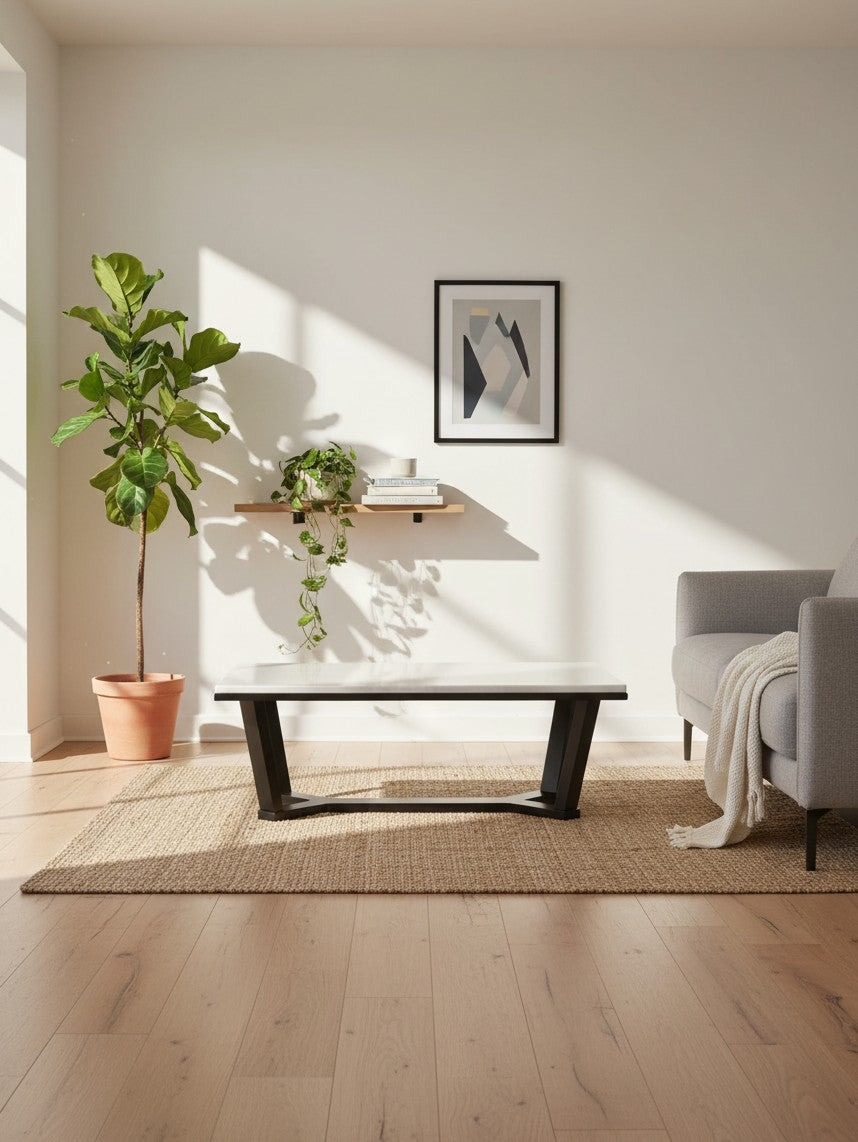 Table de salon Sola TOCO Meubles rectangulaire avec plateau blanc et pieds noirs dans un salon moderne lumineux