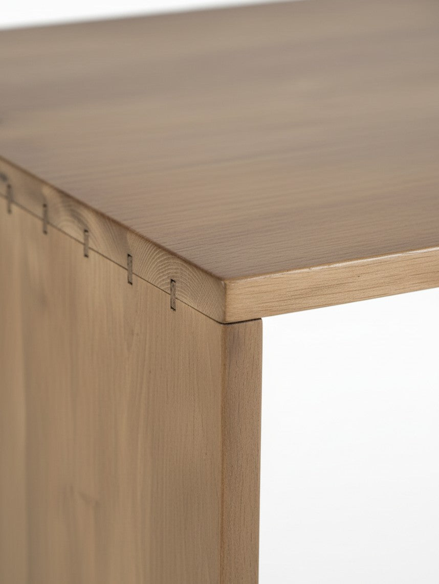 Détail de l'assemblage en queue d'aronde sur le coin d'une table de salon TOCO Meubles en bois massif naturel
