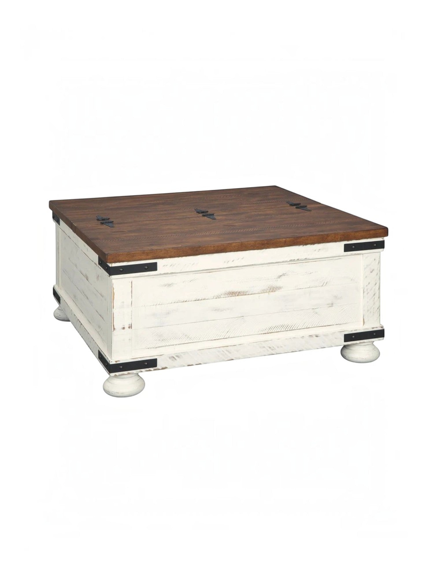 Table de salon TOCO Meubles Vendo carrée avec plateau en bois brun et base blanche effet vieilli