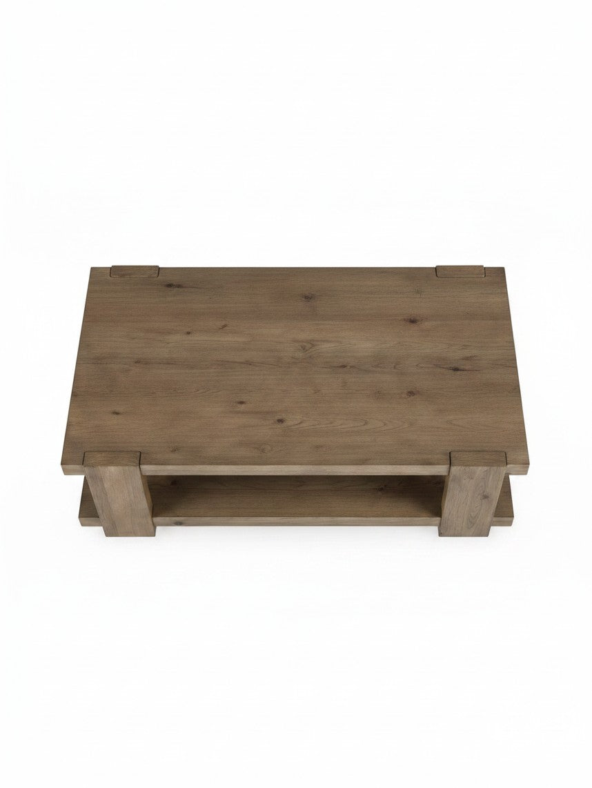 Table de salon rectangulaire TOCO Meubles en bois brun clair avec étagère inférieure, vue de dessus