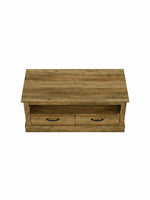 Table de salon Preston TOCO Meubles en bois brun avec deux tiroirs et poignées noires, vue de dessus