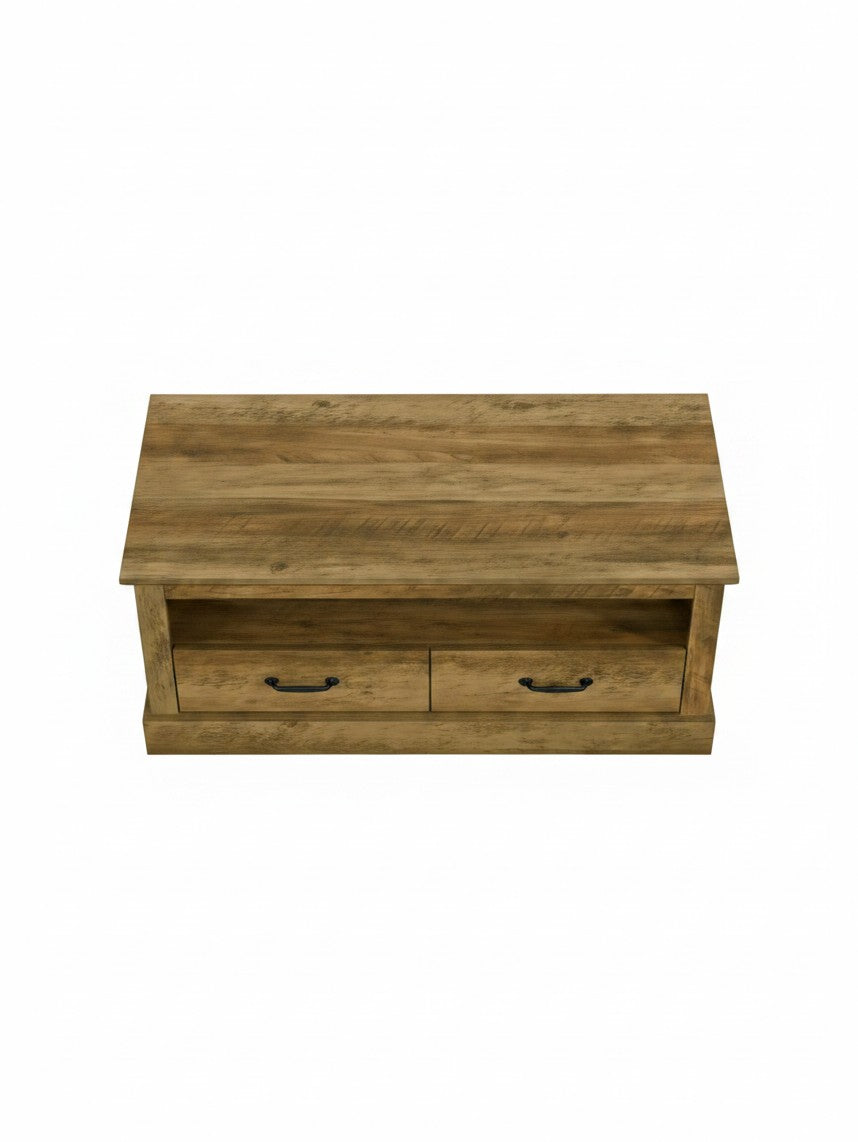 Table de salon Preston TOCO Meubles en bois brun avec deux tiroirs et poignées noires, vue de dessus