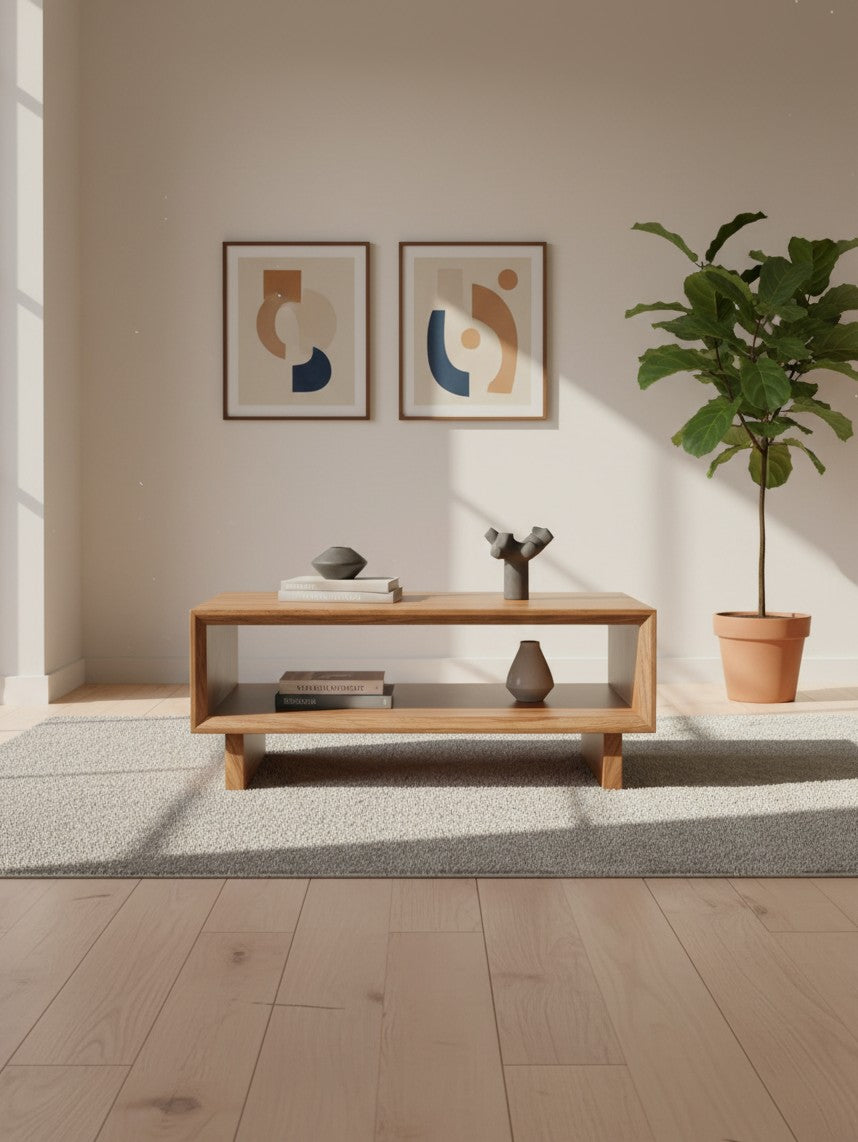 Table de salon Sonni par TOCO Meubles en bois clair avec étagère inférieure dans un salon moderne et lumineux