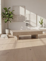 Table de salon Elaina TOCO Meubles rectangulaire en bois clair dans un salon minimaliste avec plantes et cadres