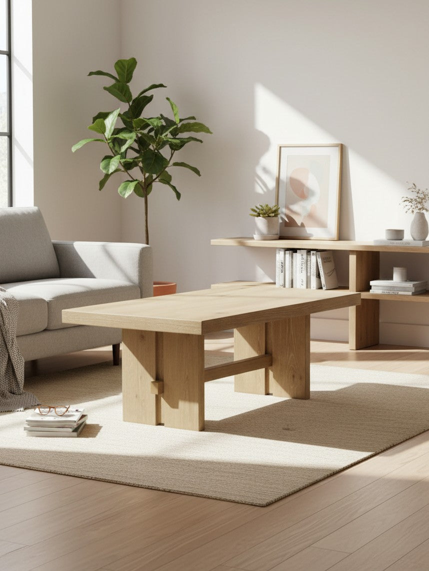 Table de salon Kyo en bois clair par TOCO Meubles dans un salon lumineux avec canapé gris et plante verte